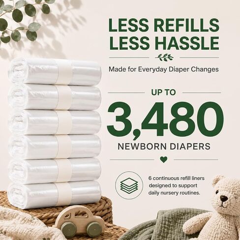 OFTY Diaper Pail Refill Bags Compatible with Dekor Plus, 6 Pack Powder Scent Continuous Refill Rolls for Nursery Diaper Disposal, Holds Up to 3,480 Newborn Diapers in Kuwait