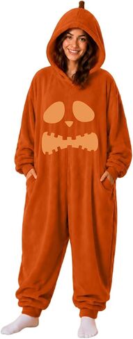 Pumpkin Hooded Onesie Adult Costume Plush Halloween Pajamas with Hood | Burnt Orange Oversized One Piece Jumpsuit Fuzzy Halloween Pumpkin Onesie Costume Adults in Kuwait