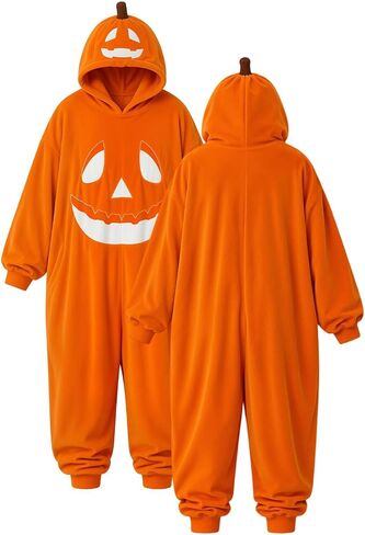 Halloween Pumpkin Onesie Adult Pumpkin Onesie Pajamas with Hood | Unisex Plush Jackolantern Onesie Adult Costume for Women Men Long Sleeve Loose Pajamas Pumpkin Costume Loungewear in Kuwait
