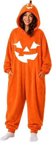Halloween Costumes for Women Pumpkin Onesie Pajamas Costume Adults | Adults Pumpkin Onesie Adult with Pocket Halloween Pjs Adult Hooded Onesie Pajamas Oversized One Piece Jumpsuit in Kuwait