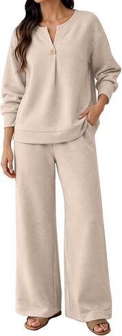 Womens Two Piece Lounge Sets Comfort Matching Fall Pullover Wide Leg Pants | Oversized Henley Button V Neck Sweatshirts and Baggy Sweatpant Comfort Lounge Travel Sweatsuits Sets in Kuwait
