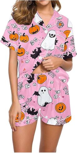 Shorts Sets for Women Halloween Print Matching Set | Short Sleeve Shirt Wide Leg Shorts Set,Halloween Lounge Outfits in Kuwait