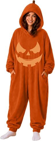 Pumpkin Onesie for Women Hooded Onesie Pajamas Adult Cosplay Costumes | Halloween Onesie Adult Zip up Loose Pajamas Flannel Loungewear Oversized One Piece Jumpsuit with Pocket in Kuwait