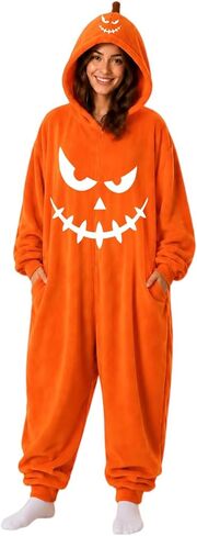 Pumpkin Onesie for Adult Halloween Costumes Adult Pumpkin Onesie Pajamas | Long Sleeve Hooded Pajamas with Pocket Women Jackolantern Plush One Piece Flannel Loungewear Casual Loose Pjs in Kuwait