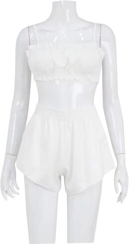 Ruffle Trim Pajama Set, Cami & Wide-Leg Shorts with Back Bow Tie Detail | ruffle trim pajama set women cami wide leg shorts loungewear back bow tie sleepwear summer two piece cream white in Kuwait