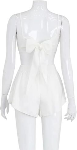 Ruffle Trim Pajama Set, Cami & Wide-Leg Shorts with Back Bow Tie Detail | ruffle trim pajama set women cami wide leg shorts loungewear back bow tie sleepwear summer two piece cream white in Kuwait