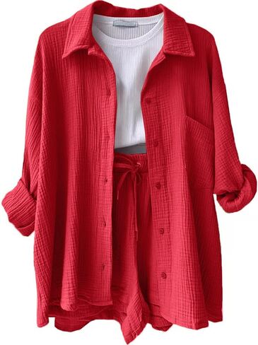 Linen Sets for Women 2 Piece Long Sleeve Blouse and Drawstring Shorts Sets | Womens Lounge Sets 2 Piece Outfits, Womens Vacation Outfits, 2 Piece Clothing Set For Women Summer, Conjunto in Kuwait