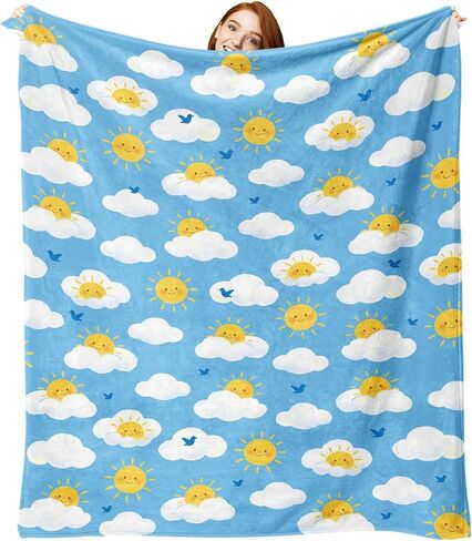 417 Kids Sun Cloud Throw Blanket 50x60in, Cute Smiling Sunshine Fluffy Clouds Blue Birds Sky Pattern, Soft Cozy Lightweight Nursery Bedding for Toddlers Boys Girls Baby Crib Couch Sofa Bed in Kuwait