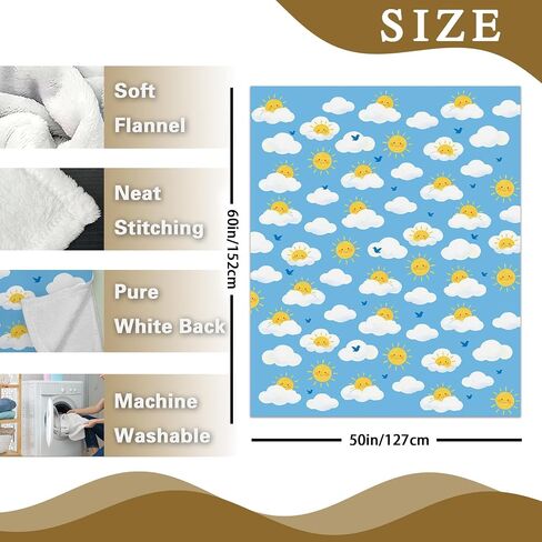 417 Kids Sun Cloud Throw Blanket 50x60in, Cute Smiling Sunshine Fluffy Clouds Blue Birds Sky Pattern, Soft Cozy Lightweight Nursery Bedding for Toddlers Boys Girls Baby Crib Couch Sofa Bed in Kuwait