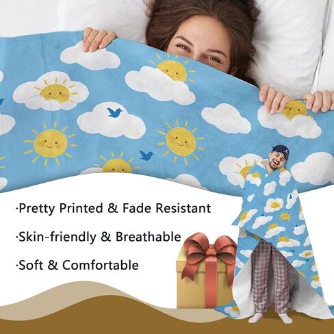 417 Kids Sun Cloud Throw Blanket 50x60in, Cute Smiling Sunshine Fluffy Clouds Blue Birds Sky Pattern, Soft Cozy Lightweight Nursery Bedding for Toddlers Boys Girls Baby Crib Couch Sofa Bed in Kuwait