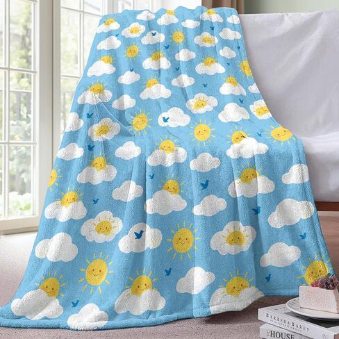 417 Kids Sun Cloud Throw Blanket 50x60in, Cute Smiling Sunshine Fluffy Clouds Blue Birds Sky Pattern, Soft Cozy Lightweight Nursery Bedding for Toddlers Boys Girls Baby Crib Couch Sofa Bed in Kuwait