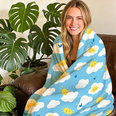 417 Kids Sun Cloud Throw Blanket 50x60in, Cute Smiling Sunshine Fluffy Clouds Blue Birds Sky Pattern, Soft Cozy Lightweight Nursery Bedding for Toddlers Boys Girls Baby Crib Couch Sofa Bed in Kuwait