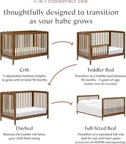 Babyletto Swell Convertible Baby Crib, GREENGUARD Certified, Natural Walnut | Converts to Toddler Bed, Daybed & Full-Size Bed - 4 Adjustable Mattress Heights - Toddler Conversion Kit Included in Kuwait