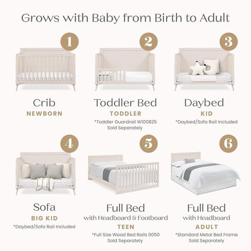 Delta Children Lola 6-in-1 Convertible Crib - Converts from Baby Crib to Toddler Bed, Daybed, Sofa Bed and Full-Size Bed with and Without Footboard, Fits Standard Full-Size Crib Mattress, Soft Beige in Kuwait