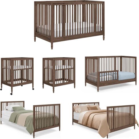 Delta Children Jalen Grow with Me 9-in-1 Convertible Crib, Teak Brown | Greenguard Gold Certified Crib Converts from Portable Bassinet to Crib, Toddler Bed, Daybed, Love Seat, Twin Bed & Full Bed in Kuwait