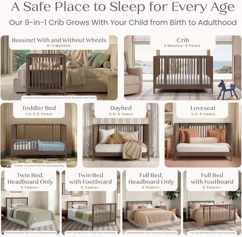 Delta Children Jalen Grow with Me 9-in-1 Convertible Crib, Teak Brown | Greenguard Gold Certified Crib Converts from Portable Bassinet to Crib, Toddler Bed, Daybed, Love Seat, Twin Bed & Full Bed in Kuwait