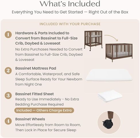 Delta Children Jalen Grow with Me 9-in-1 Convertible Crib, Teak Brown | Greenguard Gold Certified Crib Converts from Portable Bassinet to Crib, Toddler Bed, Daybed, Love Seat, Twin Bed & Full Bed in Kuwait