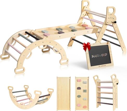 BlueWood Pikler Triangle Set, Foldable Wooden Toddler Climbing Toys Indoor Playground Jungle Gym Montessori Philosophy Climber for 2-6 Years Old, Baby, Kids (Rainbow, with Cushion) in Kuwait