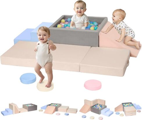 CAMELUS Climbing Toys for 1 Year Old, Baby Foam Climbing Blocks with Large Ball Pit for Toddlers, 7-Piece Soft Play Set, Indoor Climber Crawl Activity Play, Birthday (Balls not Included) in Kuwait
