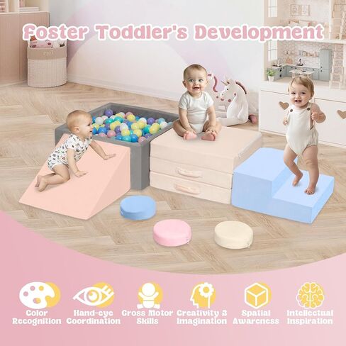 CAMELUS Climbing Toys for 1 Year Old, Baby Foam Climbing Blocks with Large Ball Pit for Toddlers, 7-Piece Soft Play Set, Indoor Climber Crawl Activity Play, Birthday (Balls not Included) in Kuwait