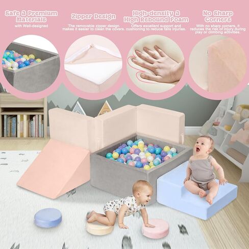 CAMELUS Climbing Toys for 1 Year Old, Baby Foam Climbing Blocks with Large Ball Pit for Toddlers, 7-Piece Soft Play Set, Indoor Climber Crawl Activity Play, Birthday (Balls not Included) in Kuwait