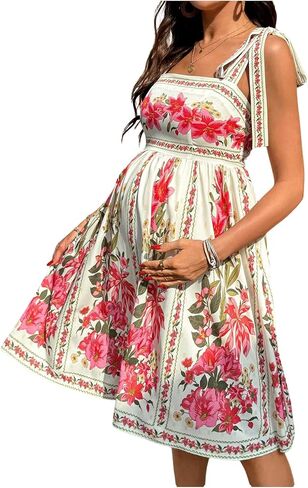 OYOANGLE Women's Maternity Floral Flowy Dresses Bow Tie Shoulder Short Sundress Sleeveless Boho Pregnancy Dress in Kuwait
