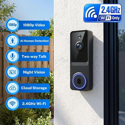 Doorbell Camera Wireless, 1080P Video Doorbell Camera Battery Powered, Security Camera with AI Human Detection, 2-Way Audio, Night Vision, Cloud Storage, 2.4G WiFi, Front Door Camera for Home Security in Kuwait