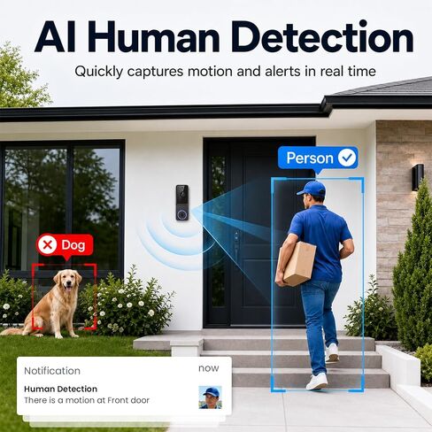 Doorbell Camera Wireless, 1080P Video Doorbell Camera Battery Powered, Security Camera with AI Human Detection, 2-Way Audio, Night Vision, Cloud Storage, 2.4G WiFi, Front Door Camera for Home Security in Kuwait