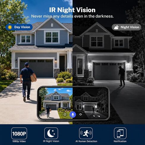 Doorbell Camera Wireless, 1080P Video Doorbell Camera Battery Powered, Security Camera with AI Human Detection, 2-Way Audio, Night Vision, Cloud Storage, 2.4G WiFi, Front Door Camera for Home Security in Kuwait