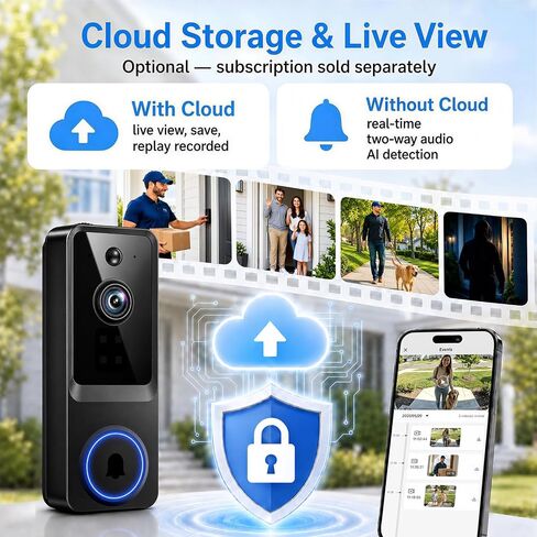 Doorbell Camera Wireless, 1080P Video Doorbell Camera Battery Powered, Security Camera with AI Human Detection, 2-Way Audio, Night Vision, Cloud Storage, 2.4G WiFi, Front Door Camera for Home Security in Kuwait