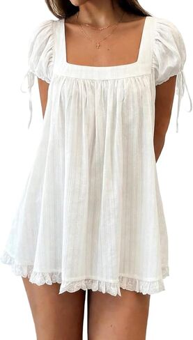 Lizxun Babydoll Mini Dress for Women Petal Sleeves Scoop Neck Loose A-Line Frill Sundress, Summer Outfit for Beach Club Party in Kuwait