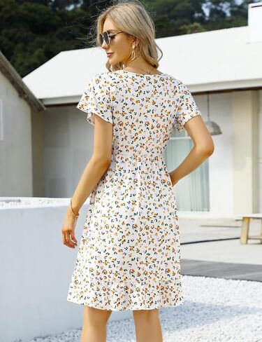 Coolmee Women's Maternity Short Sleeve Ruffle Dress V Neck Summer Casual Smocked Flowy Midi Dress for Baby Shower Photoshoot White Floral M in Kuwait