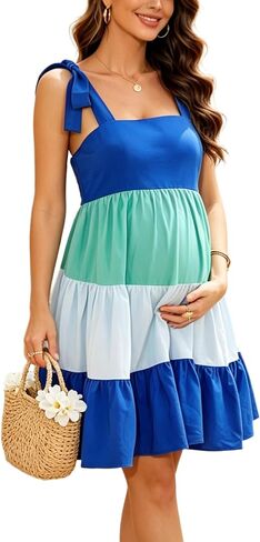 Tiered Square Neck Maternity Dress Tie Shoulder Summer Daily Casual | Color block tie strap maternity mini dress, tiered ruffle skirt, soft loose fit for daily wear & baby shower photos in Kuwait