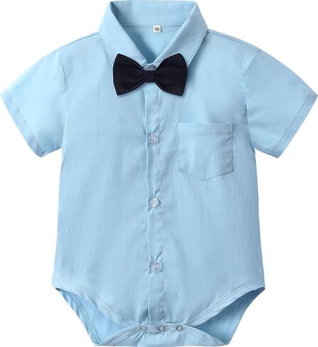 A&J DESIGN Baby Boys Dress Shirt Infant Short Sleeve Bodysuit 3-18 Months | Button Up Shirt, One Piece, Gentleman Outfit, Breathable, Collared, Chest Pocket, Detachable Bow Tie, Durable, Skin-Friendly in Kuwait