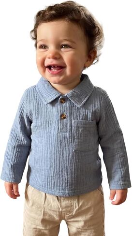 Toddler Baby Boy Cotton Linen Shirt Lapel Long Sleeve Blouse Dress Shirts Button Tees Tops Infant Fall Clothes in Kuwait