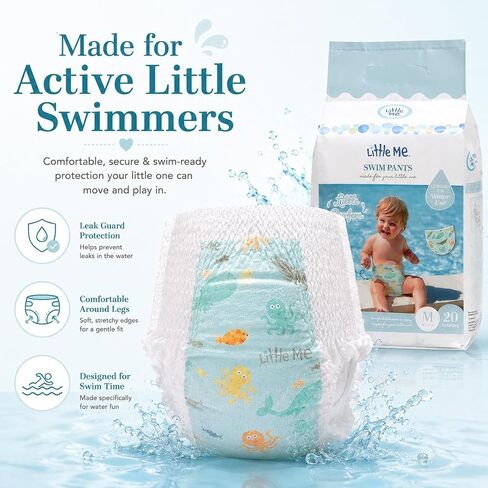 Little Me Swim Pants Disposable Swim Diapers for Babies & Toddlers, Designed for Water Use, Soft & Flexible Stretch Fit, Leak Guard Protection, Cute Sea Creatures Print, 20 Count (Size 4, 20, Count) in Kuwait