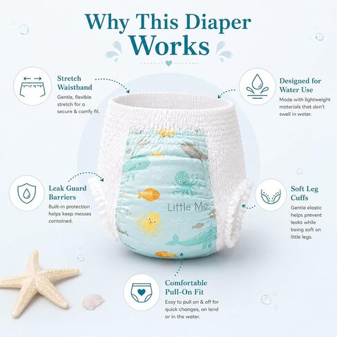 Little Me Swim Pants Disposable Swim Diapers for Babies & Toddlers, Designed for Water Use, Soft & Flexible Stretch Fit, Leak Guard Protection, Cute Sea Creatures Print, 20 Count (Size 4, 20, Count) in Kuwait