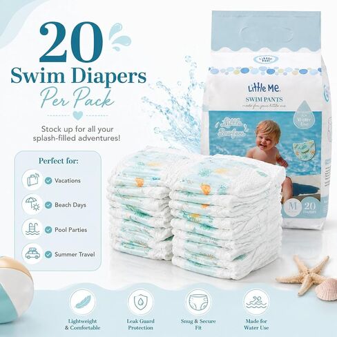 Little Me Swim Pants Disposable Swim Diapers for Babies & Toddlers, Designed for Water Use, Soft & Flexible Stretch Fit, Leak Guard Protection, Cute Sea Creatures Print, 20 Count (Size 4, 20, Count) in Kuwait