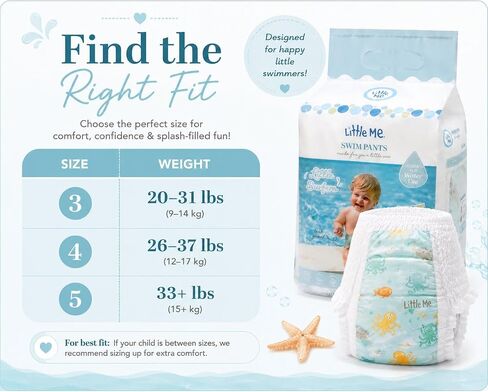 Little Me Swim Pants Disposable Swim Diapers for Babies & Toddlers, Designed for Water Use, Soft & Flexible Stretch Fit, Leak Guard Protection, Cute Sea Creatures Print, 20 Count (Size 4, 20, Count) in Kuwait