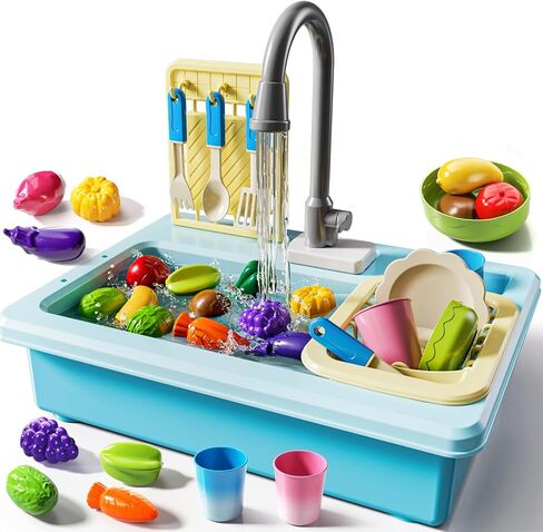 JUKUDAHU Play Sink with Running Water, Play Kitchen Toys Sink for Kids 3 4 5 6 7 Years Old, Electrical Dishwasher, Color Changing Kitchen Accessories, Dishes Games, Gifts for Toddlers 3-5 in Kuwait