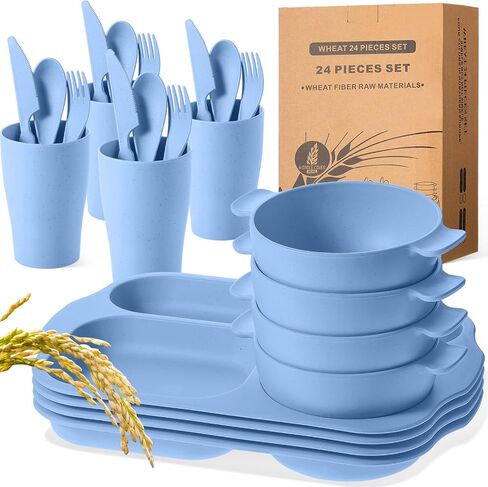 Tanlade 24 Pcs Wheat Straw Dinnerware Cutlery Sets, Divided Plates Unbreakable Bowl Microwave Dishwasher Safe Tableware Cutlery Spoon Knife Fork Cup(Dark Blue, Dark Green, Blue, Green) in Kuwait