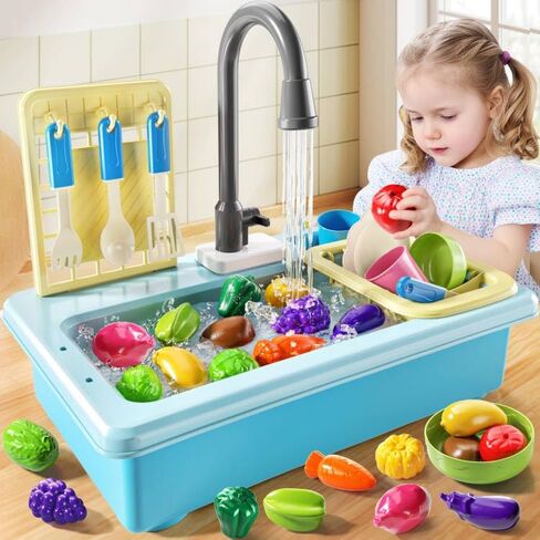 JUKUDAHU Play Sink with Running Water, Play Kitchen Toys Sink for Kids 3 4 5 6 7 Years Old, Electrical Dishwasher, Color Changing Kitchen Accessories, Dishes Games, Gifts for Toddlers 3-5 in Kuwait