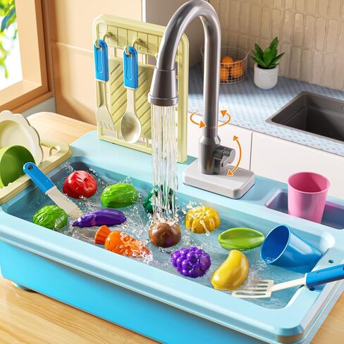 JUKUDAHU Play Sink with Running Water, Play Kitchen Toys Sink for Kids 3 4 5 6 7 Years Old, Electrical Dishwasher, Color Changing Kitchen Accessories, Dishes Games, Gifts for Toddlers 3-5 in Kuwait