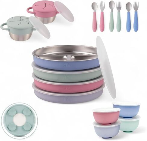 Elk and Friends Kids Stainless Steel Mealtime Bundle | Plates, Bowls, Snack Cups + Toddler Utensils | Silicone Suction Sleeves + Travel Storage Lids | Meals + Snacks | Dishwasher Safe in Kuwait