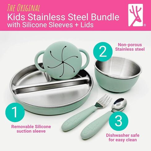 Elk and Friends Kids Stainless Steel Mealtime Bundle | Plates, Bowls, Snack Cups + Toddler Utensils | Silicone Suction Sleeves + Travel Storage Lids | Meals + Snacks | Dishwasher Safe in Kuwait