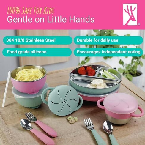 Elk and Friends Kids Stainless Steel Mealtime Bundle | Plates, Bowls, Snack Cups + Toddler Utensils | Silicone Suction Sleeves + Travel Storage Lids | Meals + Snacks | Dishwasher Safe in Kuwait