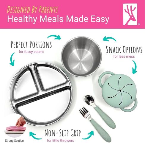 Elk and Friends Kids Stainless Steel Mealtime Bundle | Plates, Bowls, Snack Cups + Toddler Utensils | Silicone Suction Sleeves + Travel Storage Lids | Meals + Snacks | Dishwasher Safe in Kuwait