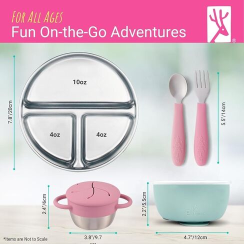 Elk and Friends Kids Stainless Steel Mealtime Bundle | Plates, Bowls, Snack Cups + Toddler Utensils | Silicone Suction Sleeves + Travel Storage Lids | Meals + Snacks | Dishwasher Safe in Kuwait