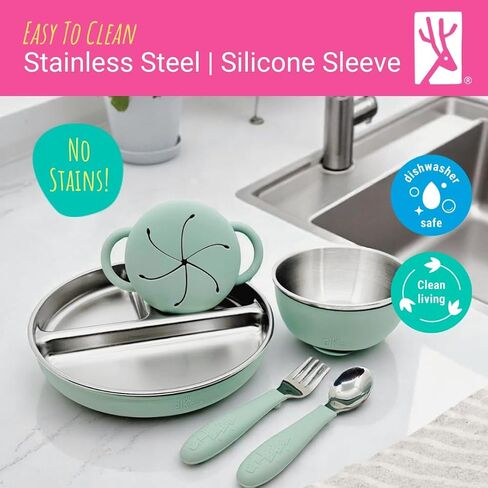 Elk and Friends Kids Stainless Steel Mealtime Bundle | Plates, Bowls, Snack Cups + Toddler Utensils | Silicone Suction Sleeves + Travel Storage Lids | Meals + Snacks | Dishwasher Safe in Kuwait
