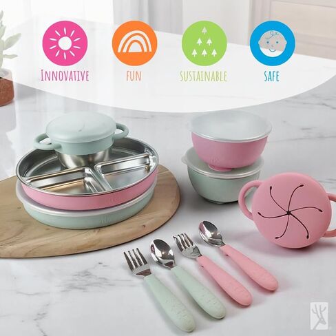 Elk and Friends Kids Stainless Steel Mealtime Bundle | Plates, Bowls, Snack Cups + Toddler Utensils | Silicone Suction Sleeves + Travel Storage Lids | Meals + Snacks | Dishwasher Safe in Kuwait